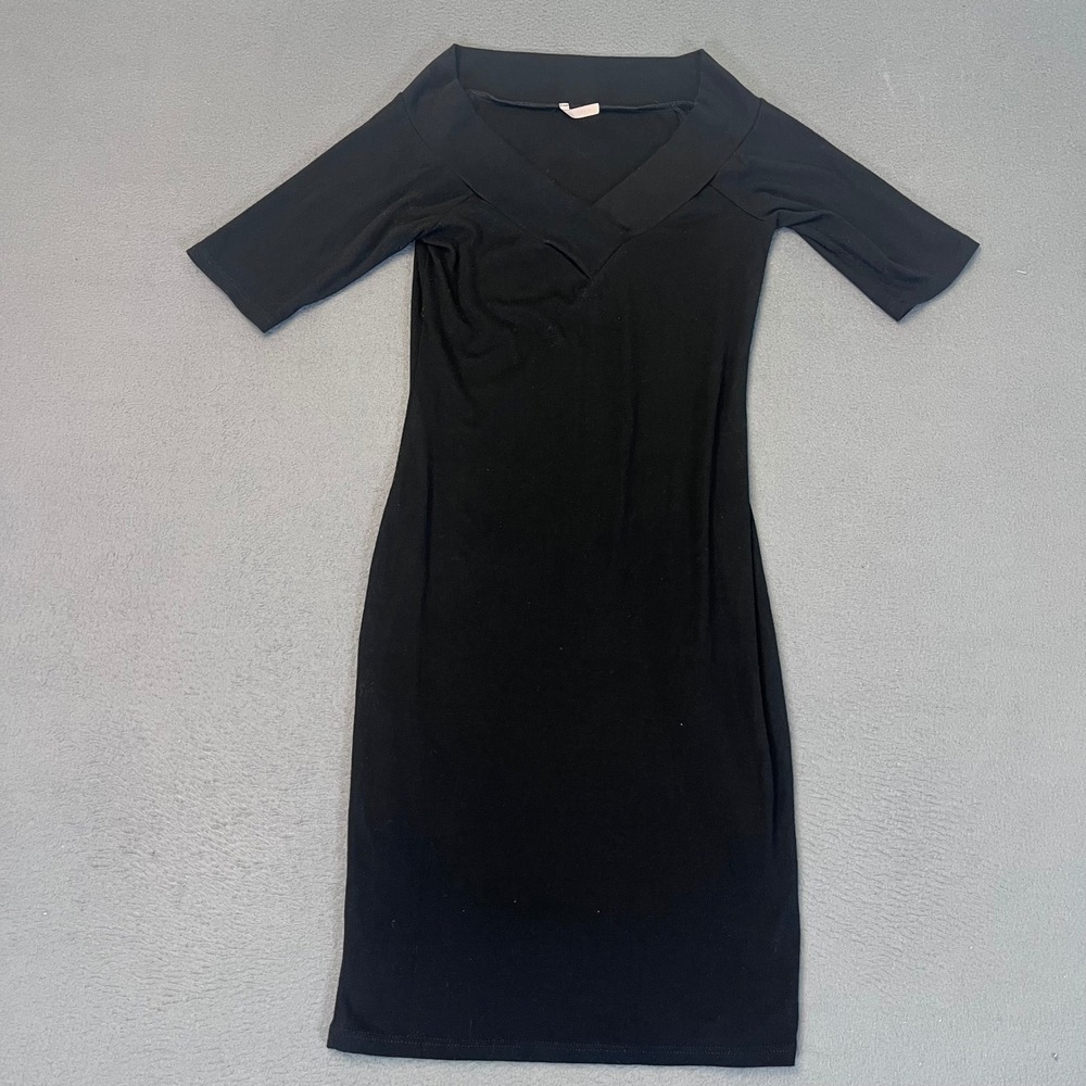 Mezzanine Black Crossover V-Neck Bodycon Dress Short Sleeve Raglan Jersey Sheath